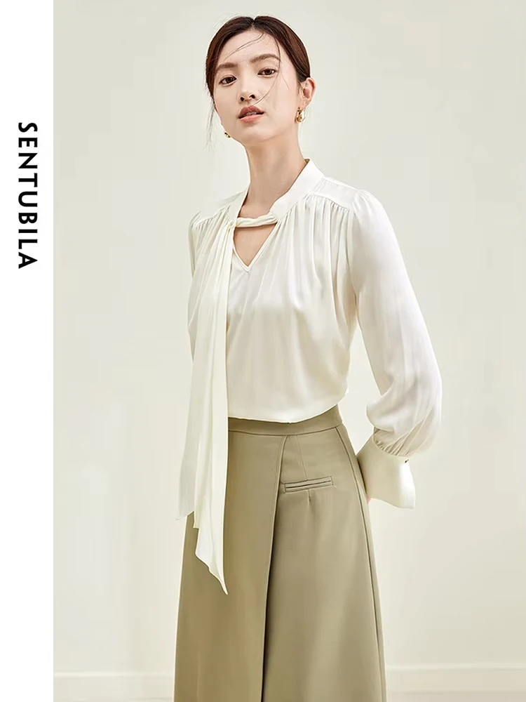 SENTUBILA Elegant Chiffon Blouse for Women 2024 Autumn Bow V Neck Long Sleeve Top Woman Office Lady Shirts & Blouses M33V50342