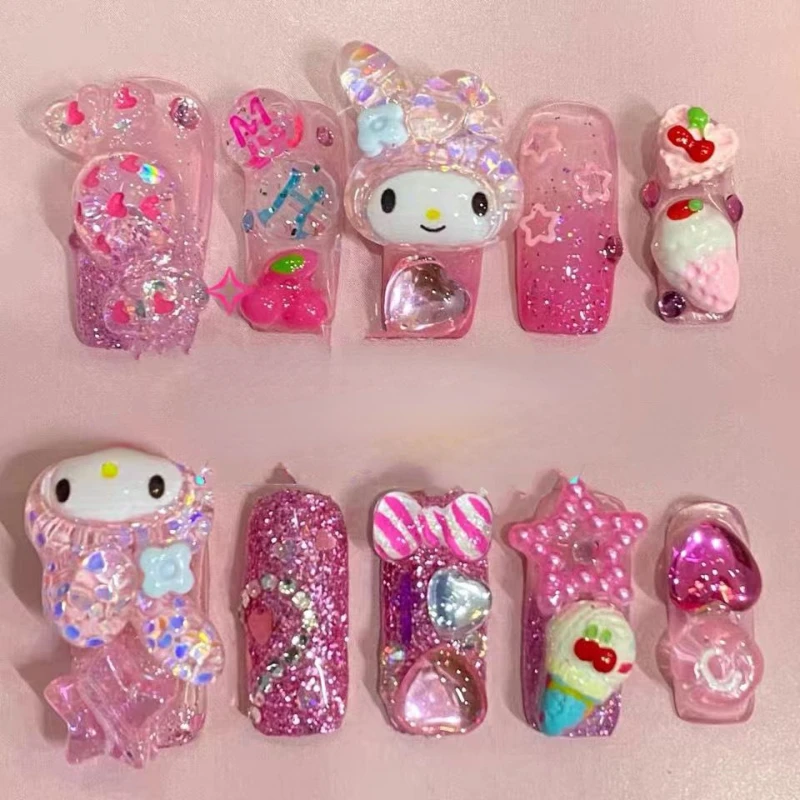 10 pezzi Y2k stampa sulle unghie rosa indossando unghie con accessori Kawaii sanios Design punte per unghie finte Manicure rimovibile regalo per