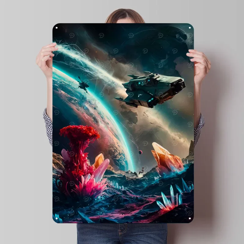 Letreros de hojalata de frontera galáctica, póster espacial, decoraciones para patio trasero y jardín, letrero de Metal personalizado para decoración artística de pared, habitación Retro
