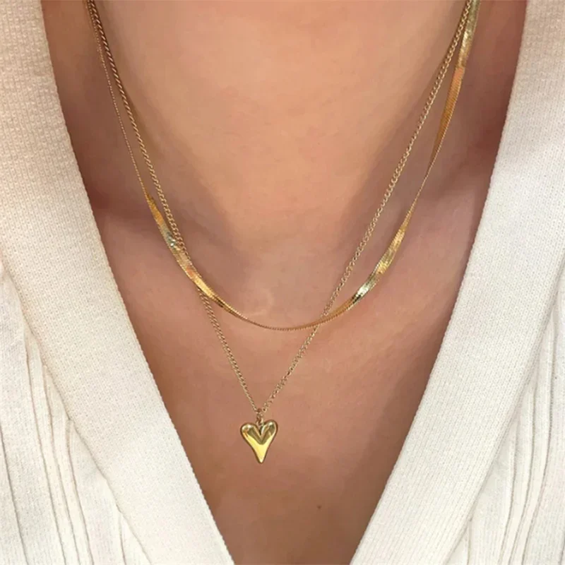 Double Layered Love Heart Pendant Necklace for Women Simple Necklace Chain Jewelry Wholesale image 3