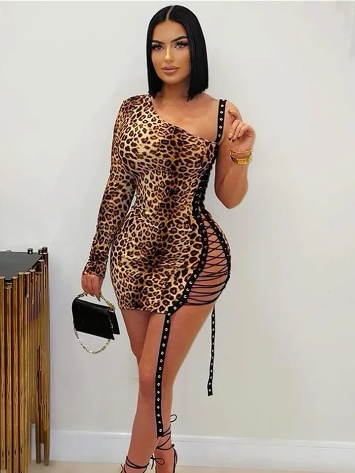 

Leopard Print Dress Women Belt Patchwork Tassel Metal Rings Side Slit Unilateral Sleeves Midnight Club Mini Bodycon