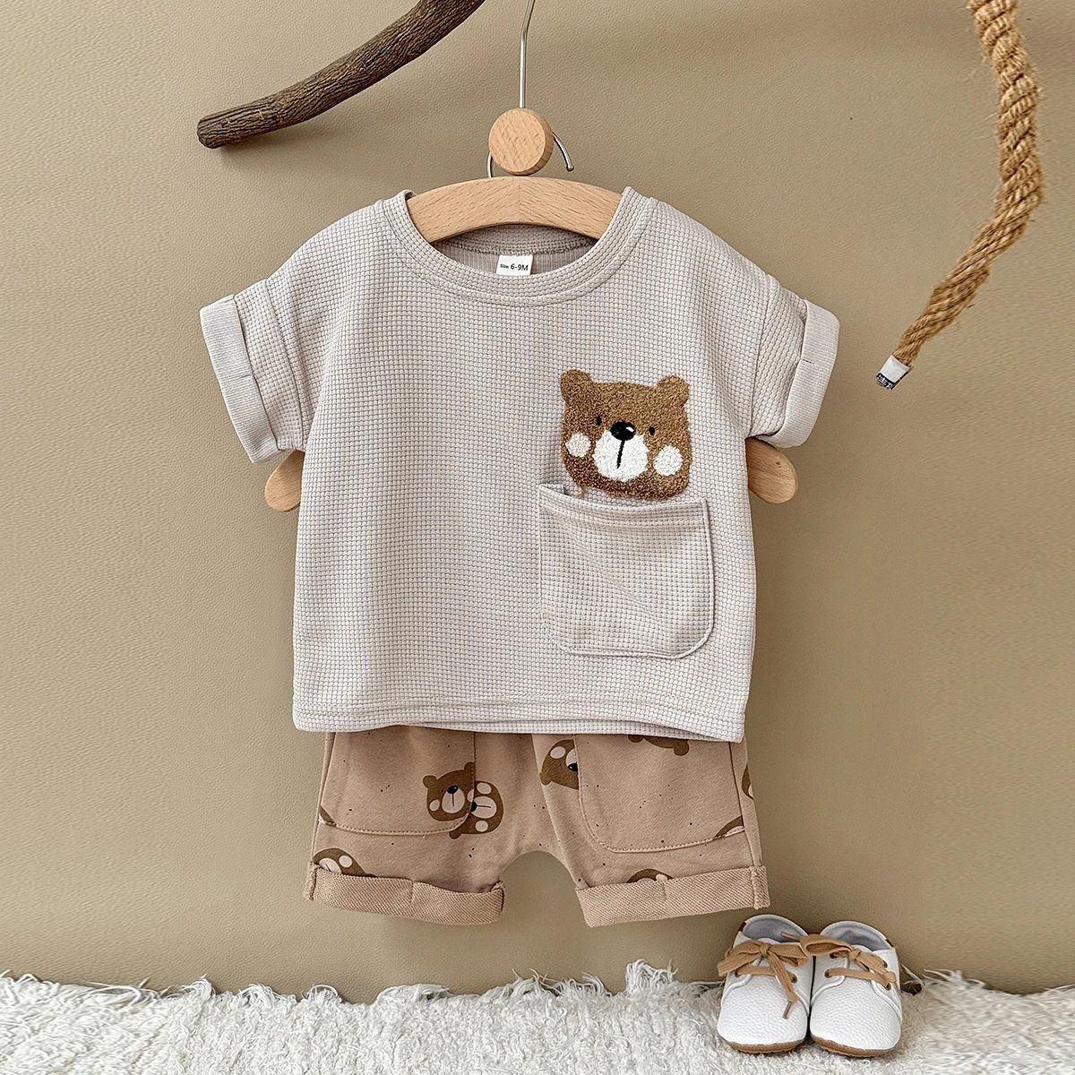 Summer Girls Boys Fashion Striped Sets Children's Bear EmbroideryRound Neck Top Shorts Suit Baby Casual Two-Piece Baby Clothing