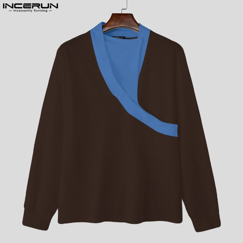 

2025 мужские топы INCERUN, повседневные однотонные мужские пуловеры с длинными рукавами, элегантная уличная одежда, мужские свитера, мужская одежда, S-5XL