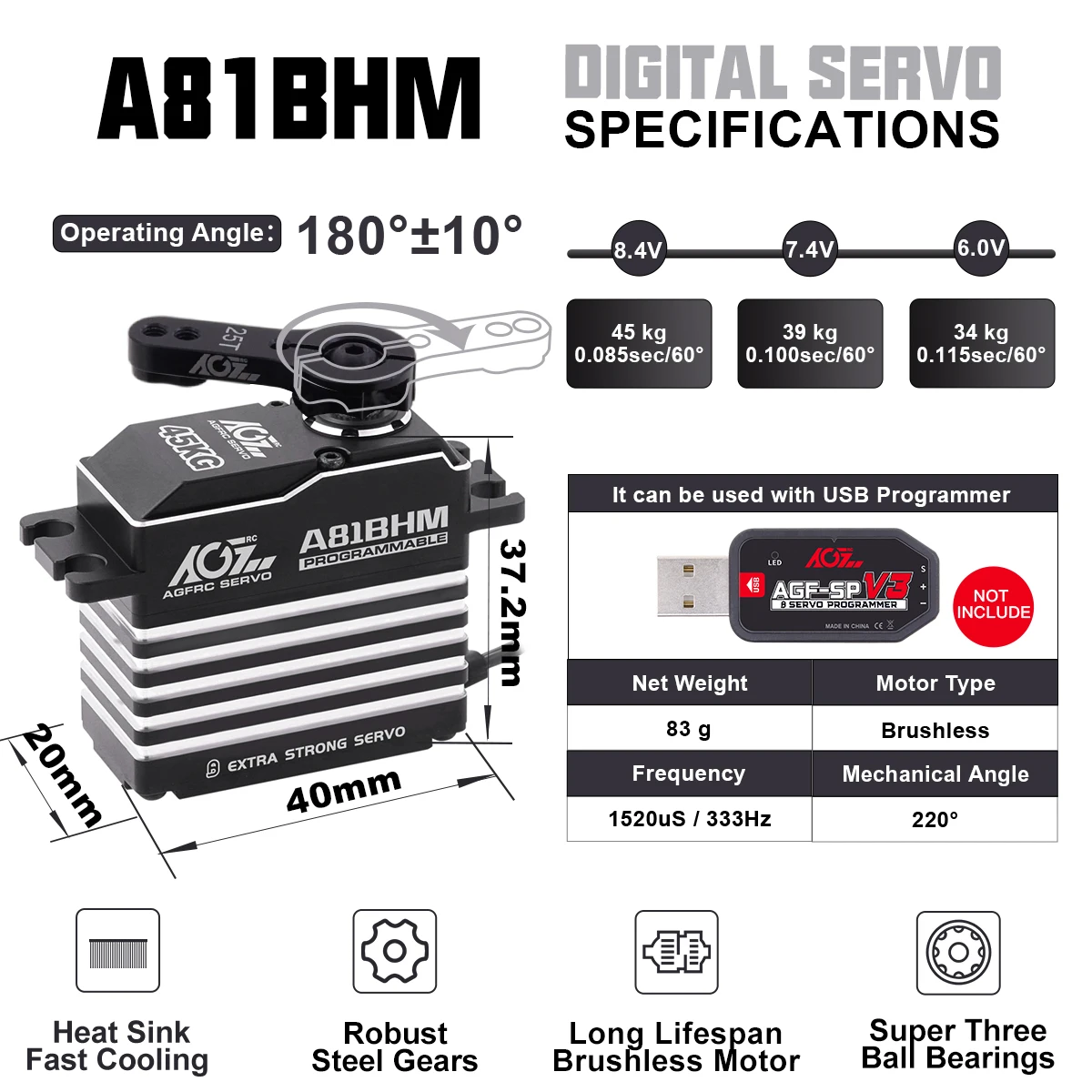 AGFRC Programmierbarer A81BHM Stahlgetriebe 45KG Monster-Drehmoment Hochgeschwindigkeits-Brushless-Servo für 1/8 Scale On-Road- und Off-Road-Trucks – Detail 2