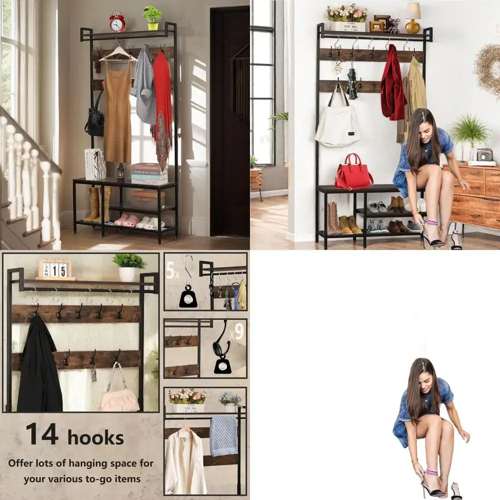 

Multi-Functional Entryway Coat and Shoe Rack with Bench, 9 Hooks and Hanging Rod, 35.5x12x70.8in