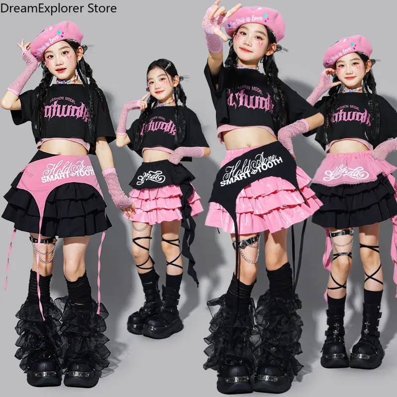 Girls K-pop Lovley Crop Top Cargo Pants Street Dance Layered Skirt Children Streetwear Kids Hip Hop Jazz Girl Group Clothes Sets