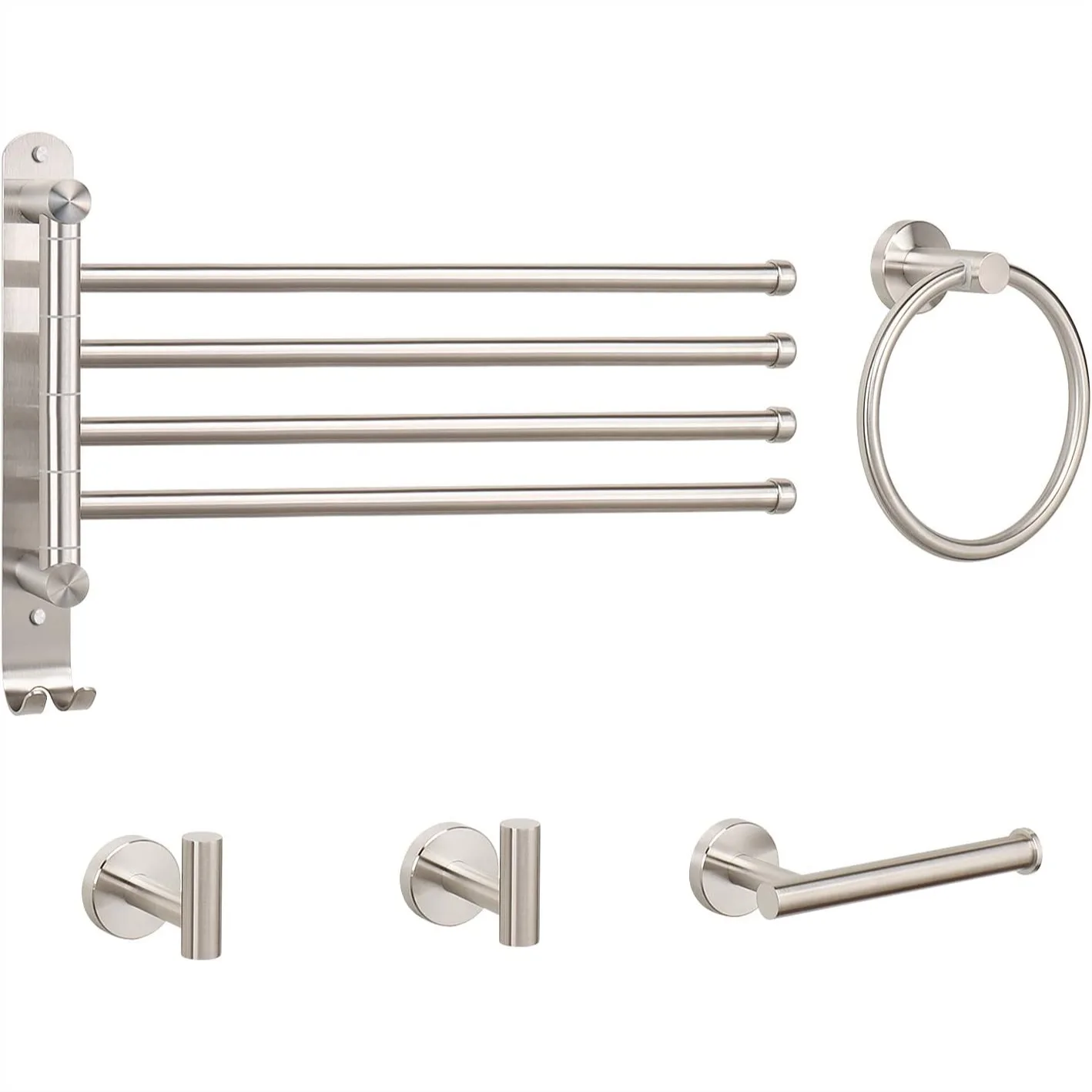 

5 Pieces Bathroom Hardware Set, Swivel Towel Rack, Towel Ring, Toilet Paper Holder, 2 Robe Hooks, Stainless Steel Wall Mounted
