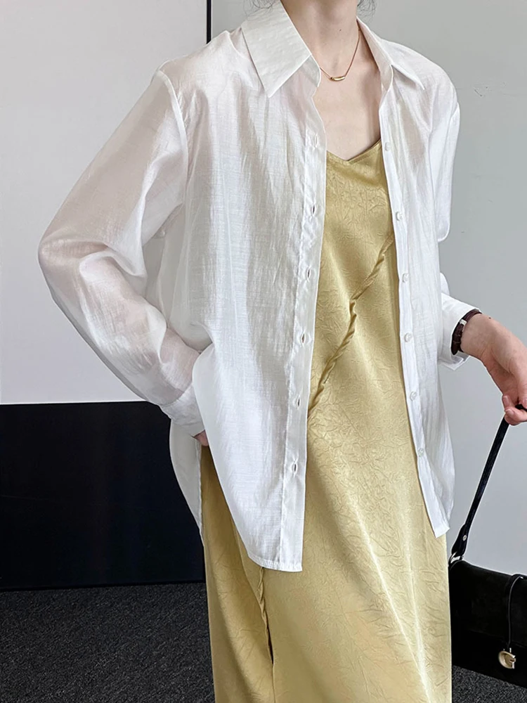 [LANMREM] guzik płaski projekt koszul z filtrem przeciwsłonecznym dla kobiet klapy jednorzędowe casualowe luźne bluzki 2024 letnie nowe 26 d9046