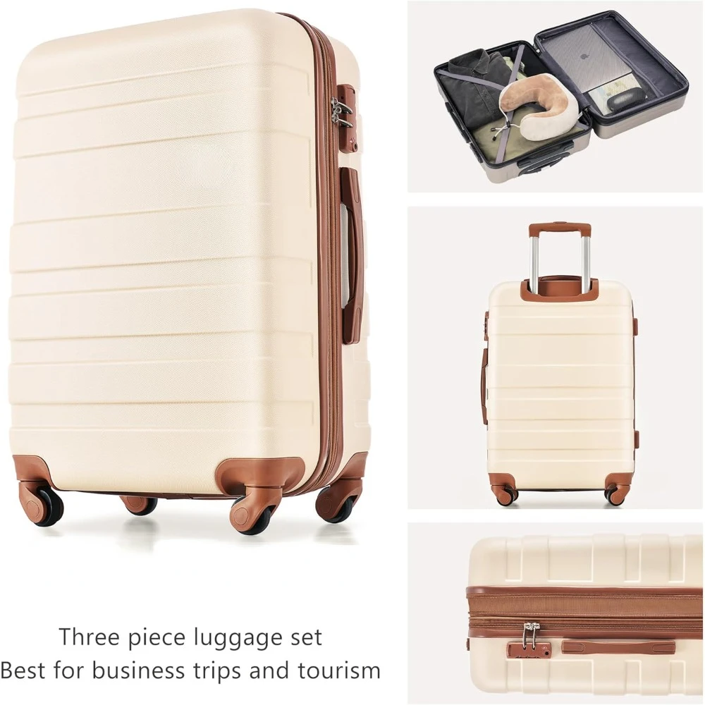 Luggage 3 Pcs Suitcase set, ABS Hardside Suit case with Spinner Wheels Lightweight TSA Lock, Brown and Beige, 20/24/28 Inch