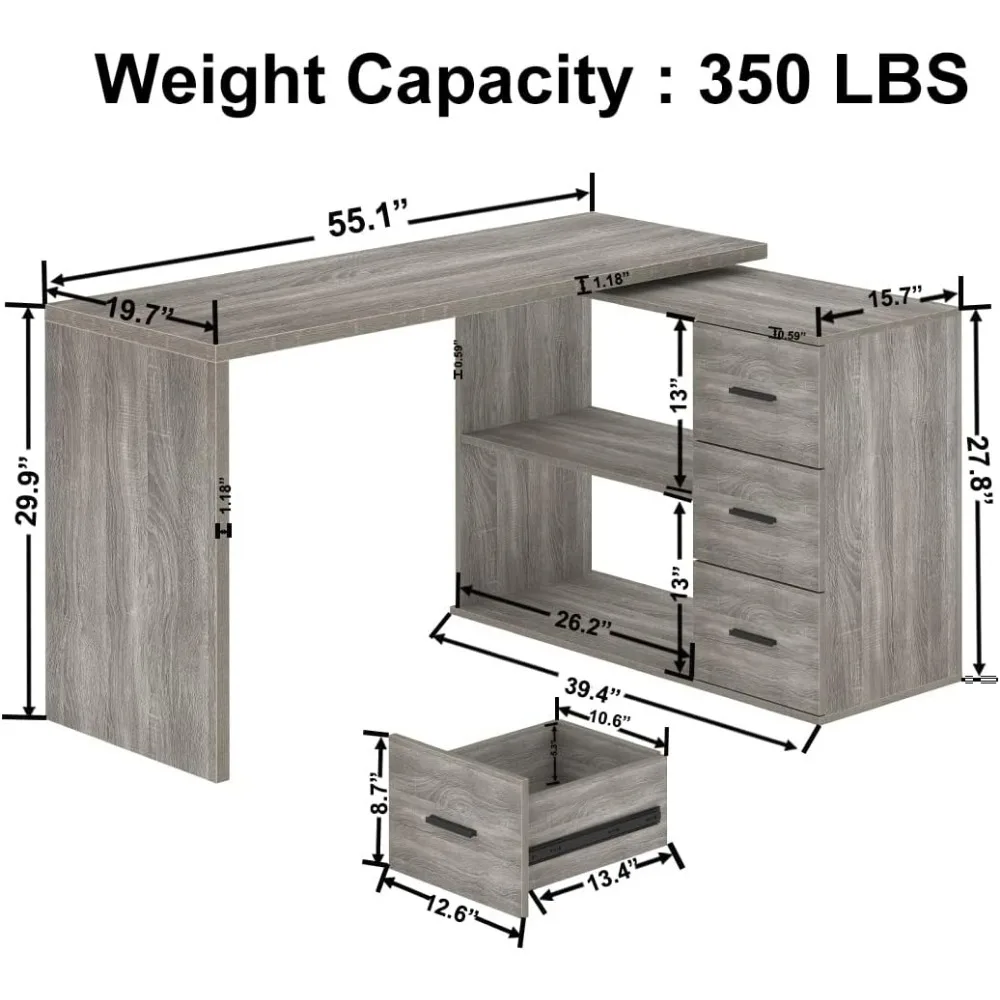 L-Shaped Computer Desk with Storage Cabinet,Gray Corner Swivel Desk,Wood Table for PC Executive Work, Study Writing,360 Rotating