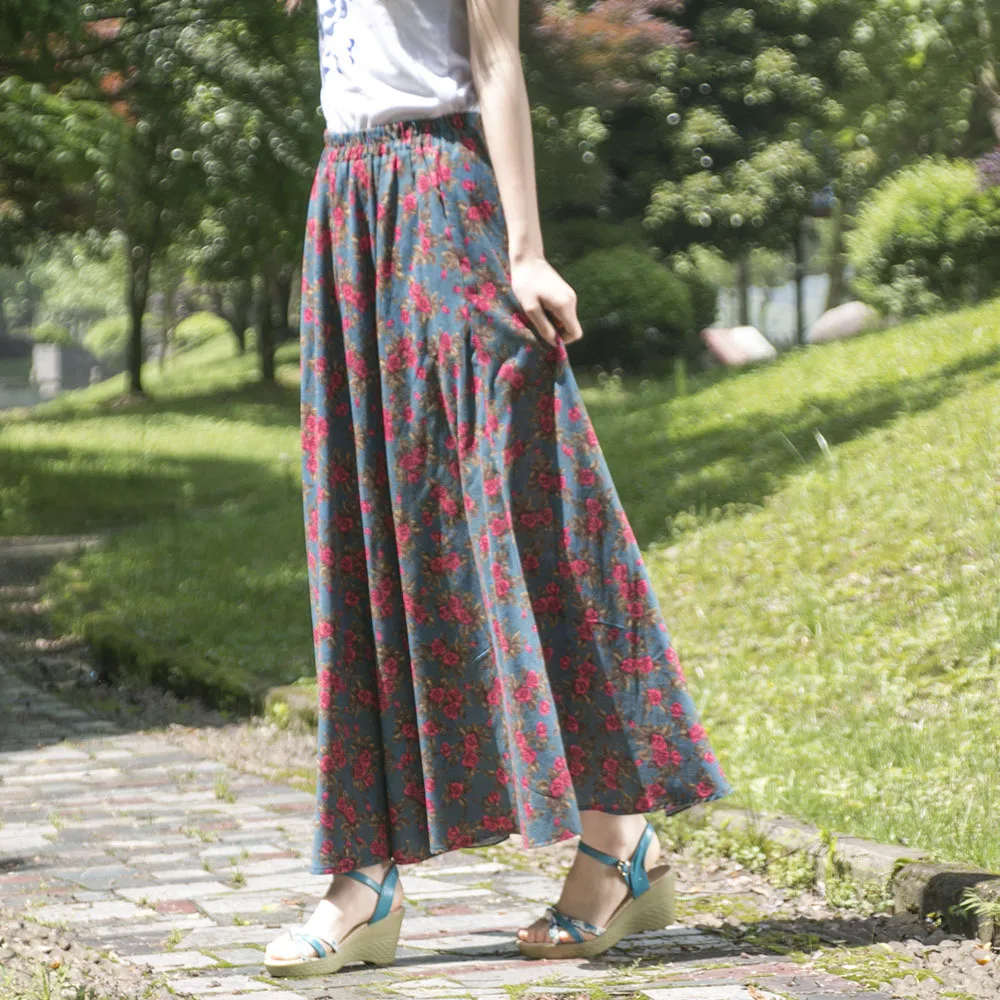 TIYIHAILEY Free Shipping 2023 New Fashion Long Maxi A-line Elastic High Waist Women Cotton And Linen Print Skirts Flowers