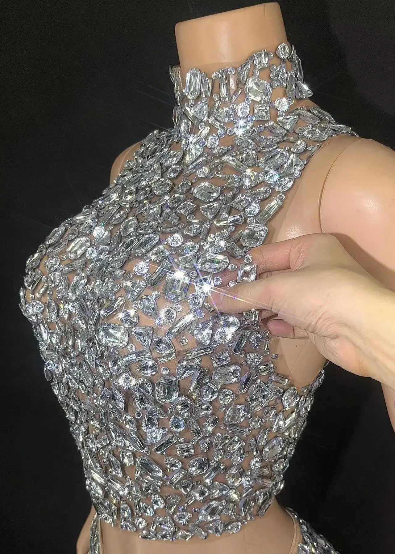 Sparkly Crystals Top Backless Short Skirt Two Pieces Sexy Mesh Transparent Celebrate Evening Prom Birthday Dress Show Stage Wear