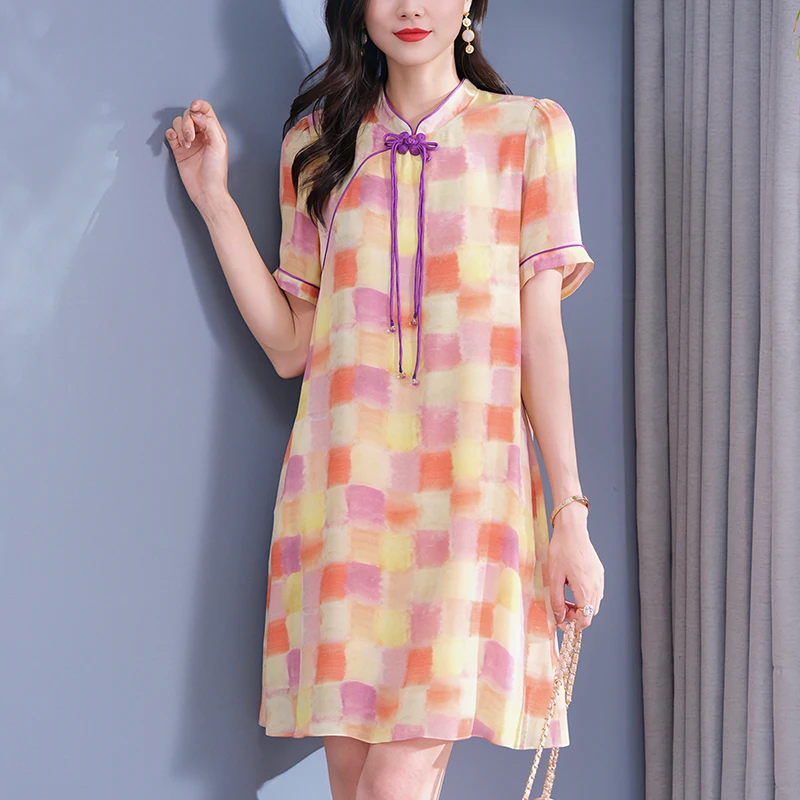 

Chinese Style Women's Cheongsam Dress 2024 Summer Short Sleeve Elegant Dresses For Women 100% Real Silk Woman Plaid Dress A-line