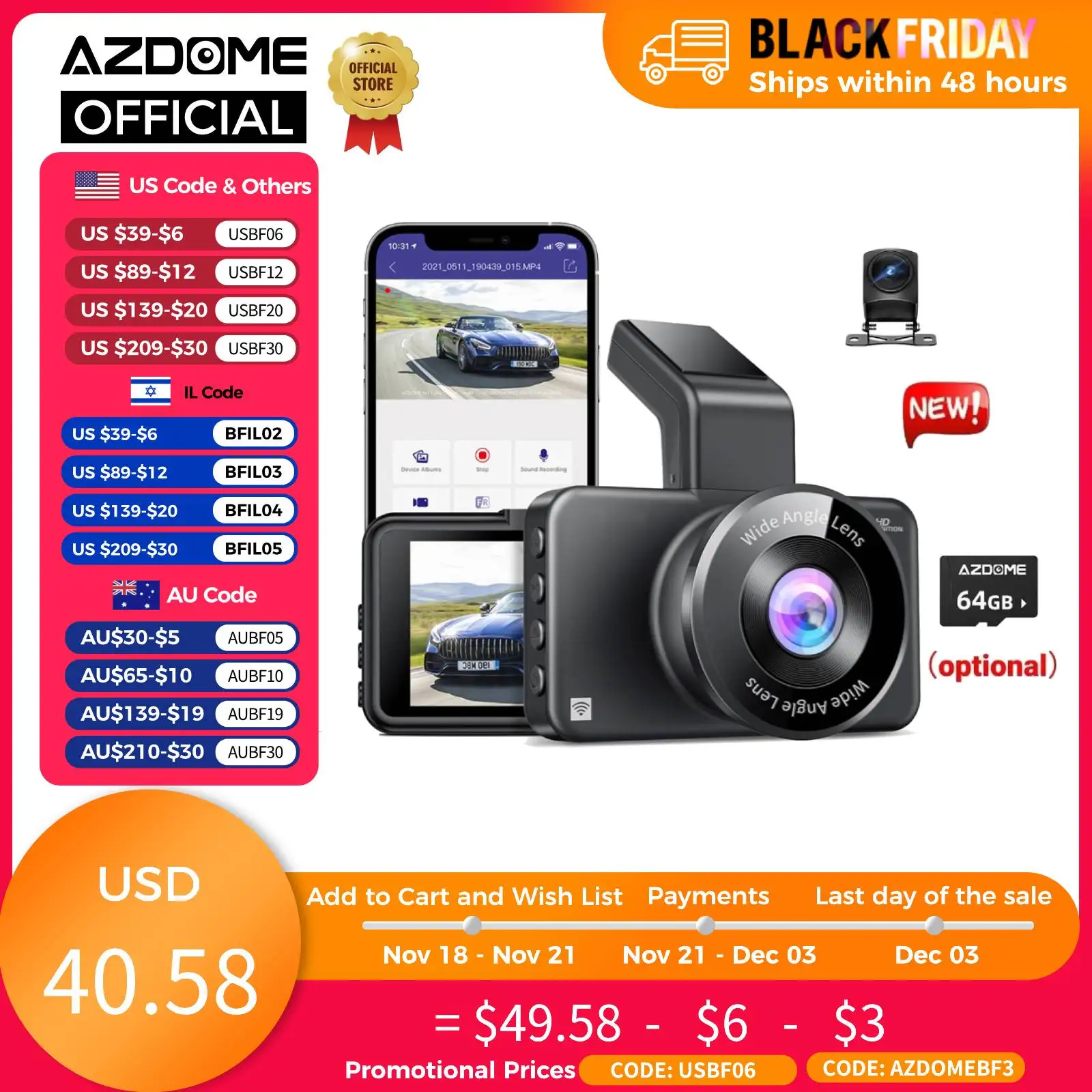 2024 New AZDOME Dash Cam M17Pro 2K+1080P 150°FOV Car DVR Wifi ADAS 24H Parking Mode Loop Recording Super Night Vision G-Sensor