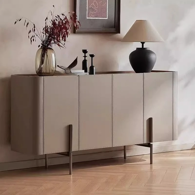 Italian minimalist rock slab dining side cabinet, household small apartment living room solid wood saddle leather locker,
