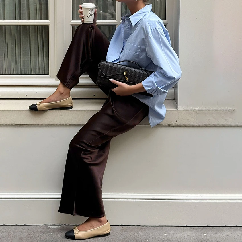 Linad élégant marron Satin pantalon à jambes larges femmes automne mode Beige taille haute pantalon rue Chic soie pantalons longs femme 2025