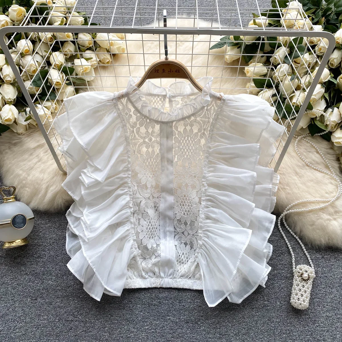 빈티지 엘레강스 레이스 페탈 슬리브 블라우스 프렌치 홀 아웃 훅 플라워 셔츠 캐주얼 시크 탑 페어리 여름 여성 의류 2025