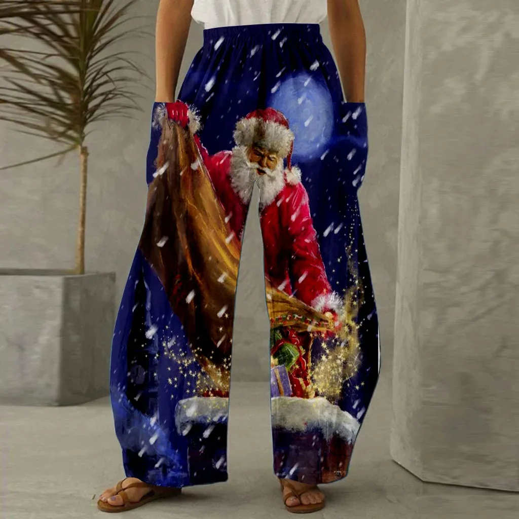 Cross border Santa Claus Pattern Digital Series New Wide Leg Pants Women's Pants Summer Loose Casual Fashion PantsWC5