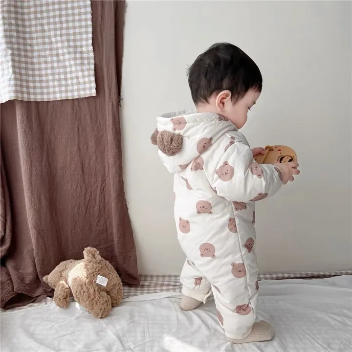 2022 winter infant clothing plush warm baby bear print hooded Jumpsuit High quality Rompers