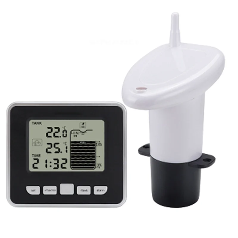 

Wireless Ultrasonic Water Tank Liquid Level Meter with Temperature Sensor Water Level Time Display Low Battery Indicator