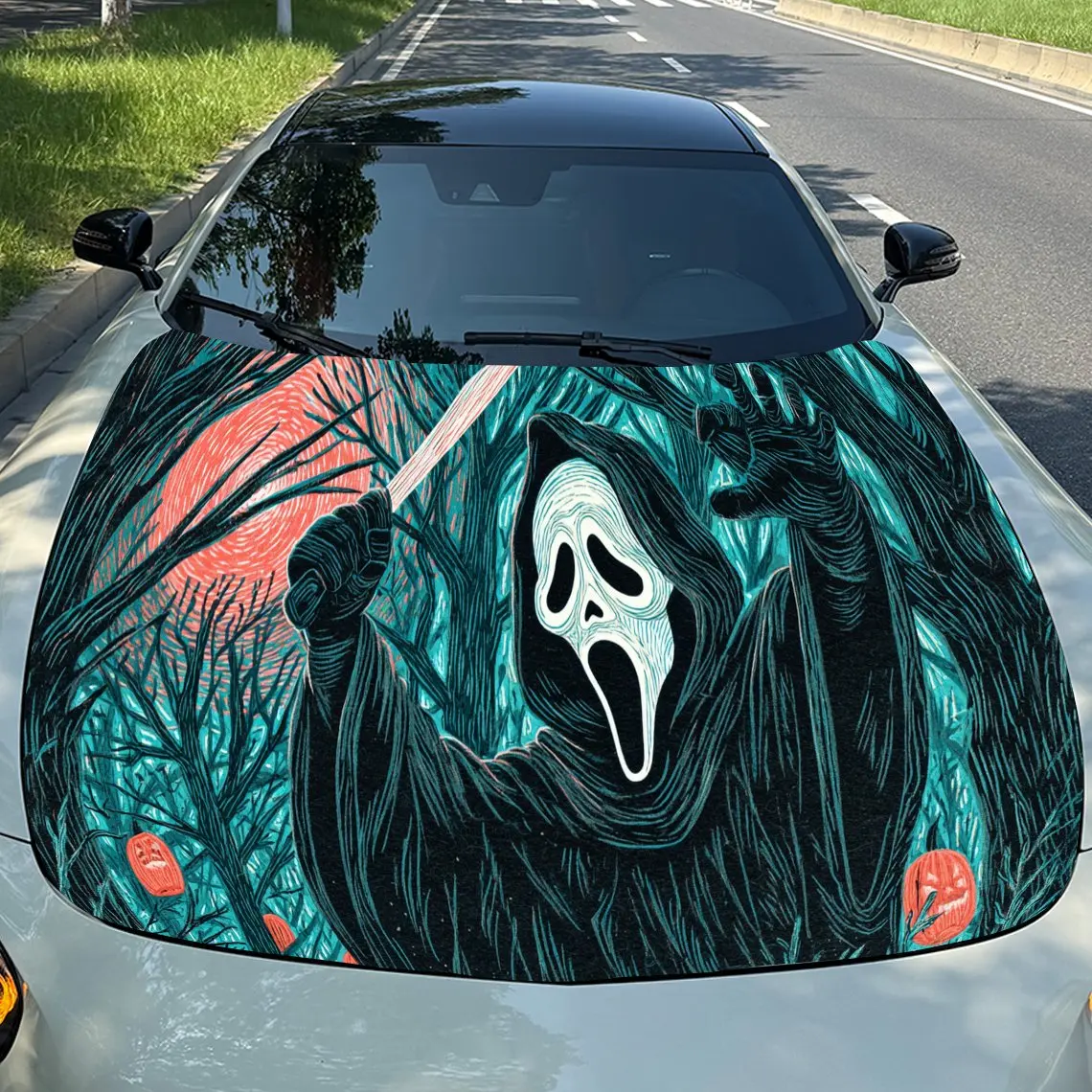 

Dark Thrilling Reaper ПВХ обертывания на капот автомобиля, самоклеящаяся водонепроницаемая наклейка на капот автомобиля, защитные наклейки для украшения автомобиля
