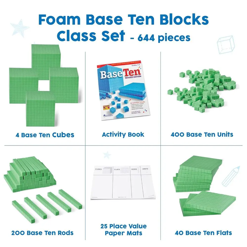 Set di 10 blocchi con base in schiuma verde: strumenti matematici per il valore del luogo completo per l'aula e l'educazione Montessori (644 pezzi)