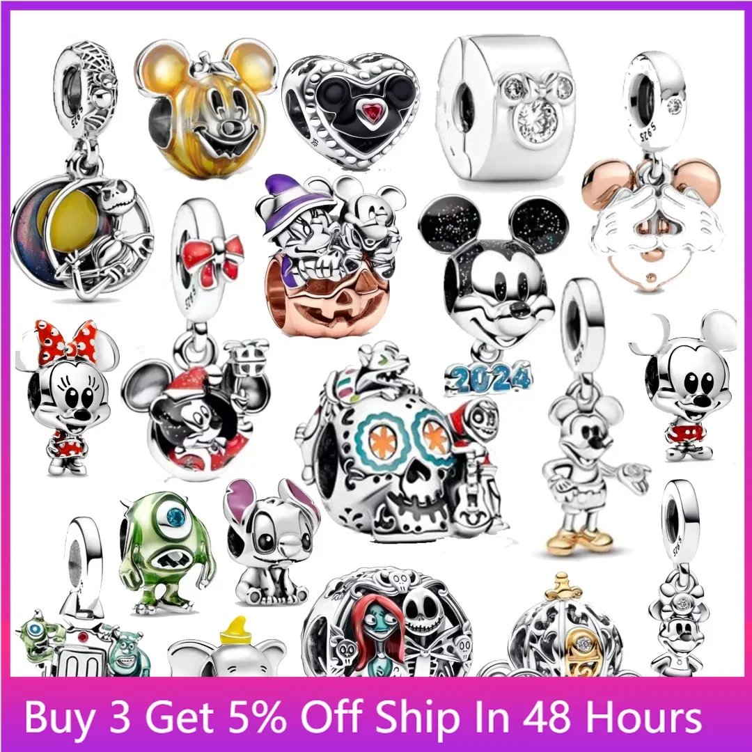 

2024 New Dante Bead Disney Mickey Minnie Mouse Skull Charm Fit Pandora Bracelet 925 Silver Halloween Main Stone Item Shape