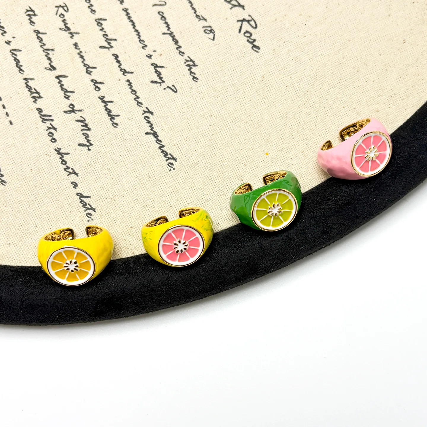 Summer Fresh Lemon Slice Ring Colorful Enamel Glossy Wide Band Ring Sweet Vitality Women Statement Finger Jewelry