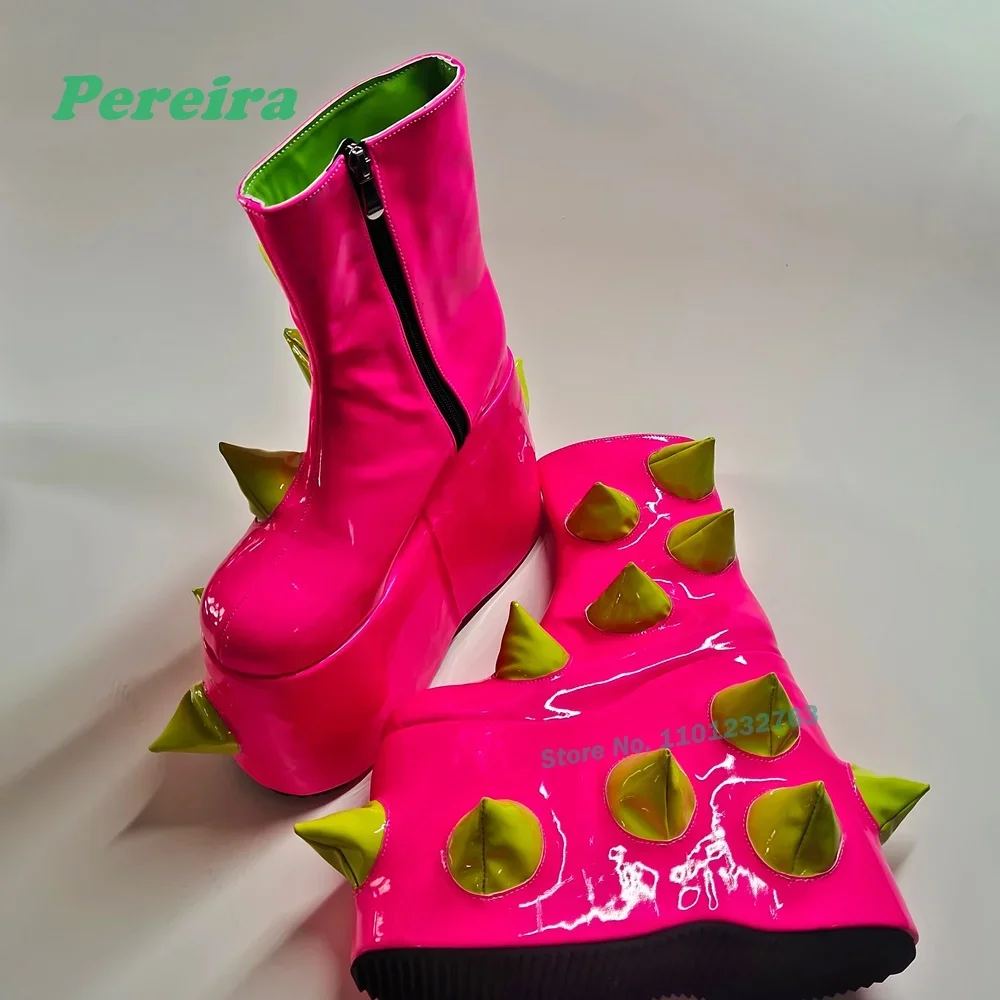 Magenta Rock Spikes Ankle Boots Patent Leather Platform Wedges Women's Boots Side Zipper Glossy Mirror Men Shoes Gothic 16Cm