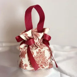 Pearl Pendant Canvas Floral Drawstring Bag Korean Style Large Capacity Peony Flower Wrist Bag Coin Purse Wallet Satin Bow