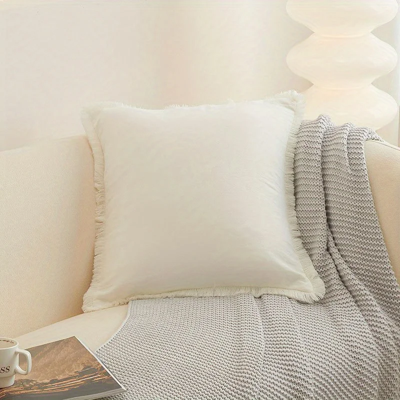 1pc 100% Cotton Fringed Throw Pillow Cover - Soft Cozy Boho Cushion Covers with Tassel for Couch Sofa Farmhouse Natural Decor Sq