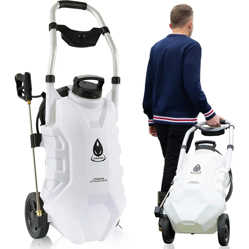 Battery Powered Sprayer with Cart 4/8 Gallon, Self-Cleaning Garden Sprayer with 4.9Ah Lithium Battery, Heavy Duty Sprayer