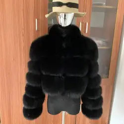 Abrigo corto de piel de zorro real con cuello levantado para mujer, chaqueta de piel natural de invierno, estilo de cintura alta y abrigo de piel de mapache de lujo