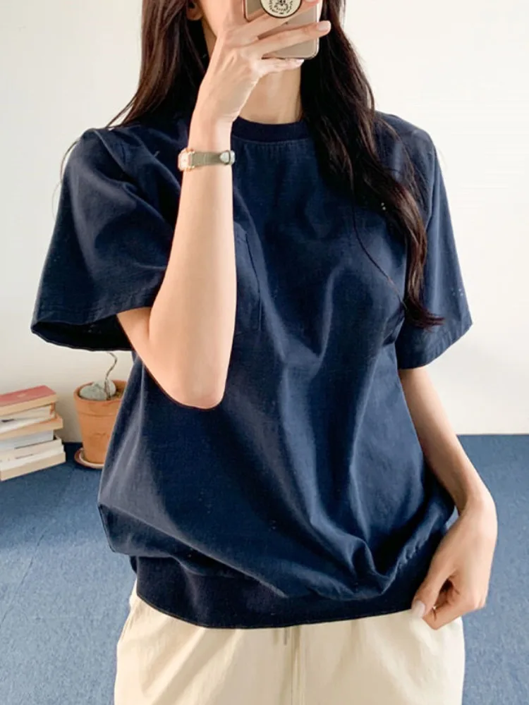 

Korean Sle round Ne Loose Casual Cotton Linen Women's Summer irt T-irt ort Sve Simple Fre Breathl