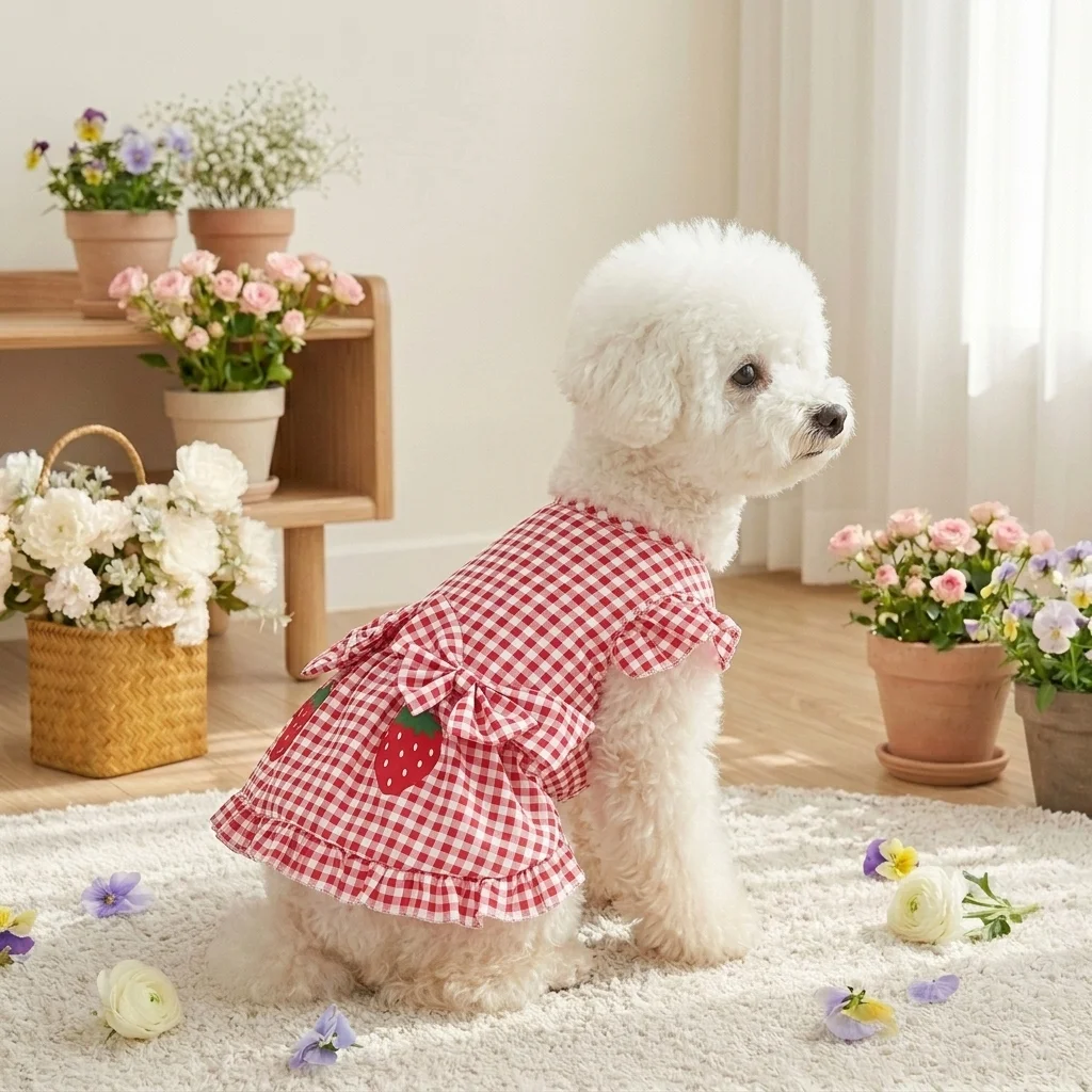 Vestido a cuadros rojo y blanco con fresas para perros y gatos - imagen 3
