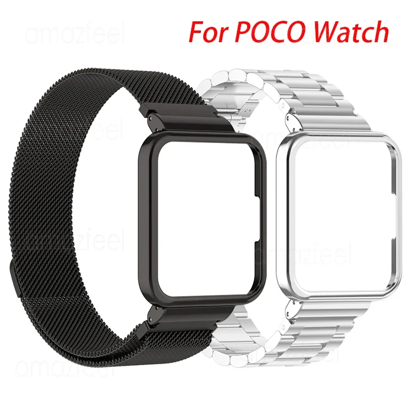 For POCO Watch Strap Case Protector Stainless Steel Magnetic loop Bracelets + Cover For POCO Watch Metal Wrist Band Shell frame