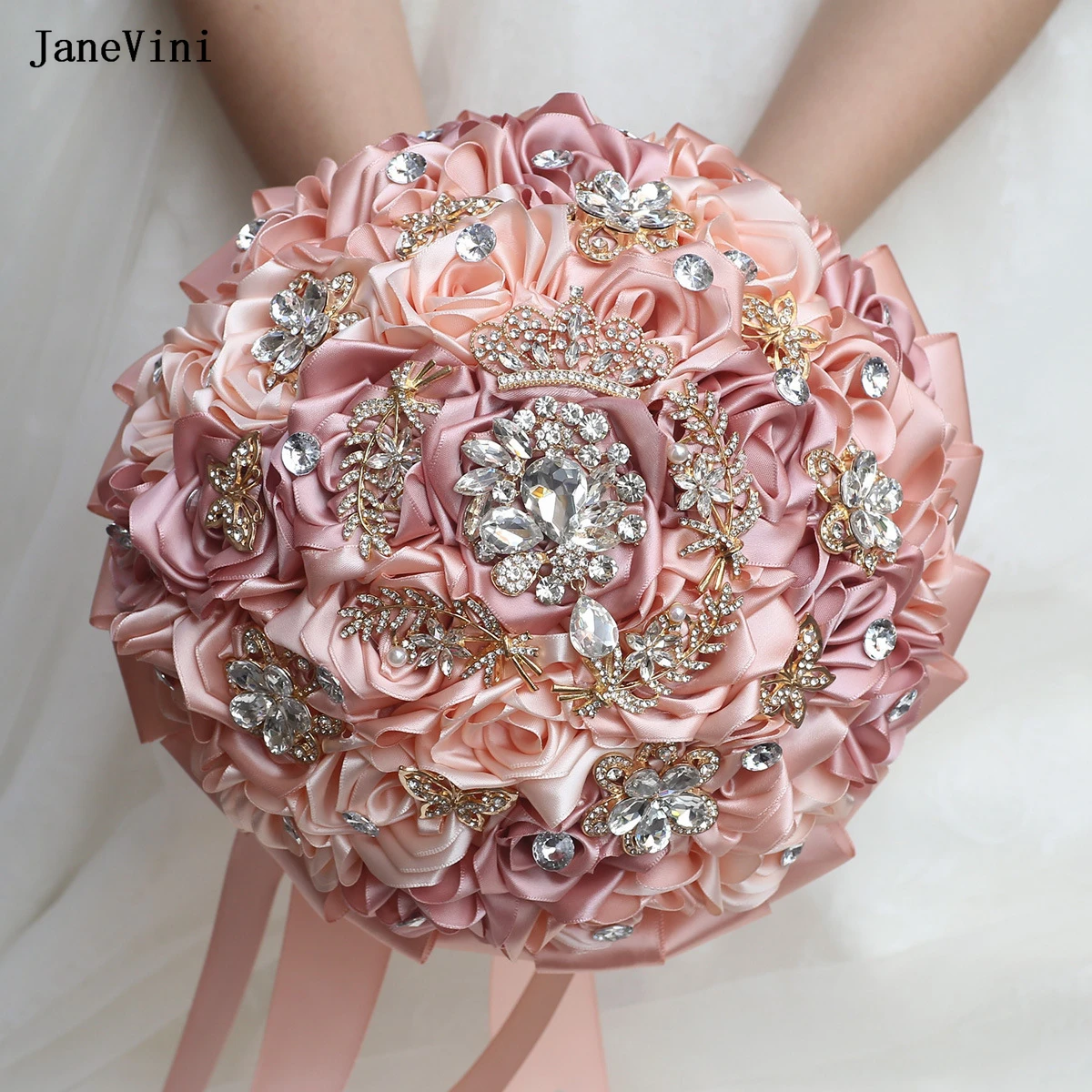 

JaneVini Sumptuous Diamond Rhinestone Bride Wedding Bouquets Crystal Beaded Satin Bridal Hand Flowers Bouquet Fleur Artificielle