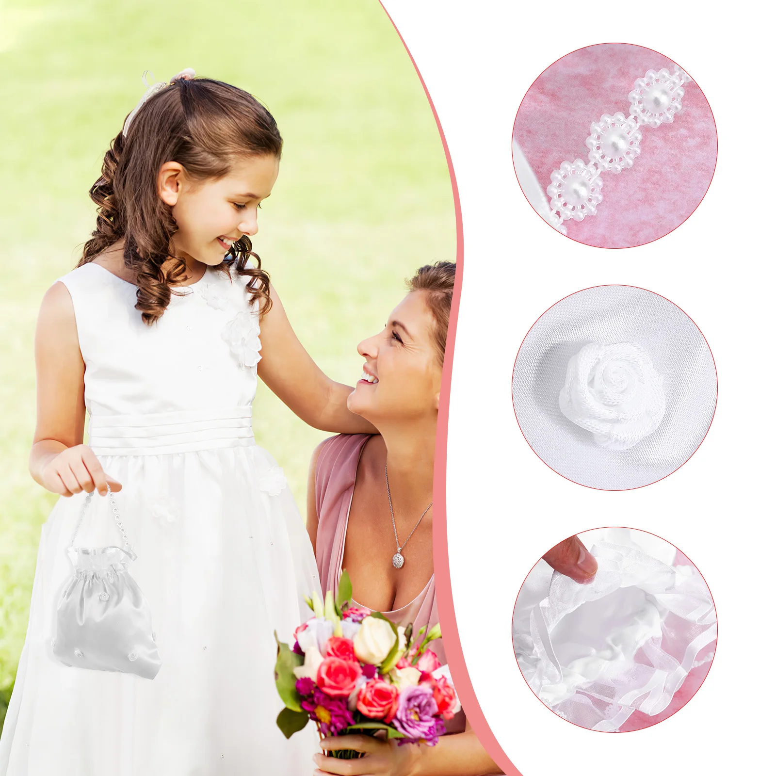 Schicke Braut-Dolly-Tasche, weiße Kordelzug-Clutch für Hochzeit, Brautjungfer, Blumenparty, Kommunion, elegante Handtasche