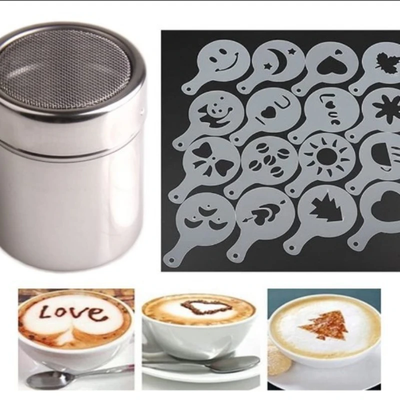 304 Stainless Steel Chocolate Shaker Cocoa Flour Coffee Sifter or 16Pcs Coffee Stencils Coffee Bean Spoon & Coffe Drawing Needle