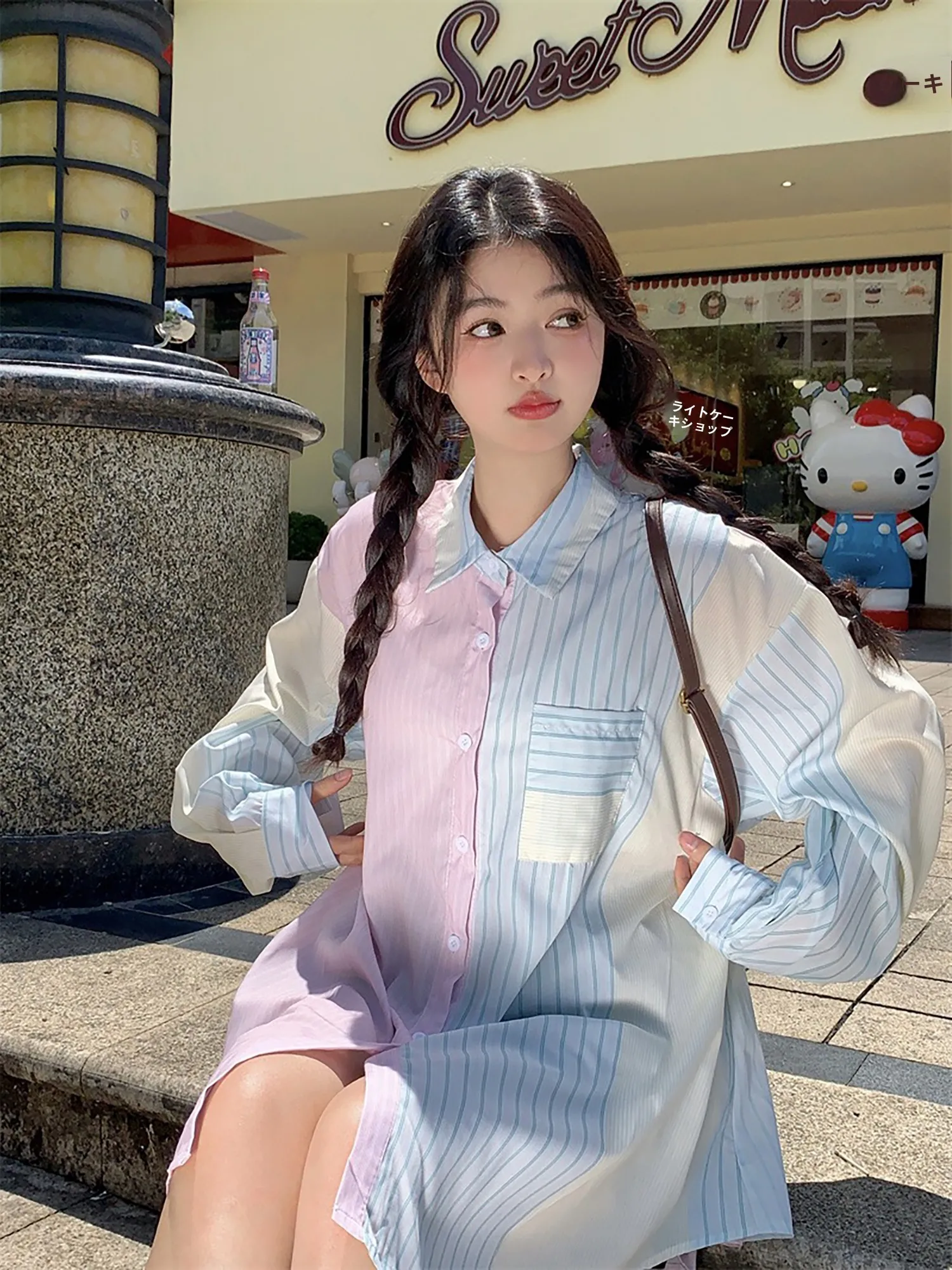 

Vanwenwen Sweetheart Soda Striped Loose Fit Collared Shirt Women's Spring Fashionable Girl's Style Top Buttoned Long Sleeve