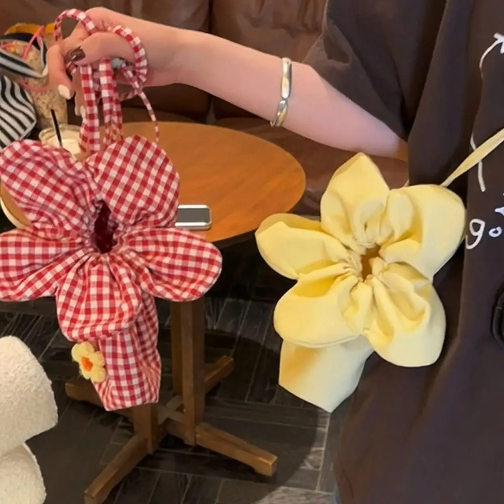 

Casual Korean Style Plaid Drawstring Bag Printing Cute Flower Handbag Storage Bag Large Capacity Shoulder Bags Vacation
