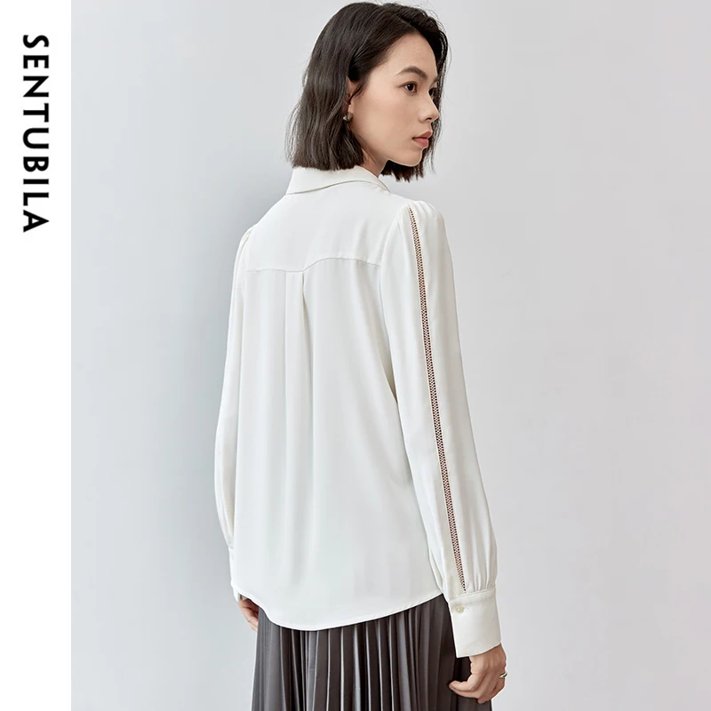 SENTUBILA Patchwork Hollow Out White Shirt for Women 2024 Autumn Straight POLO Neck Long Sleeve Office Lady Blouses 143C57366X