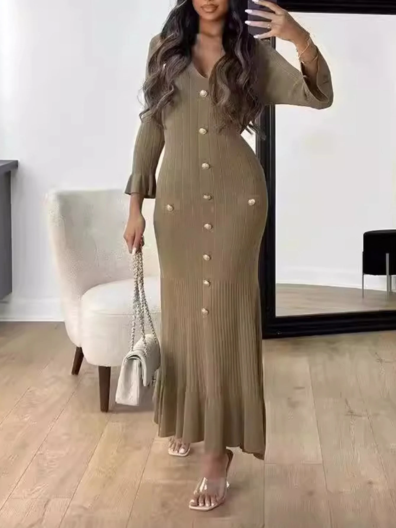 Vestido feminino com decote em v, manga comprida, saia lápis, detalhe de botão, bainha com babados, comprimento do joelho, outono inverno, simples, borda de alface, uso diário