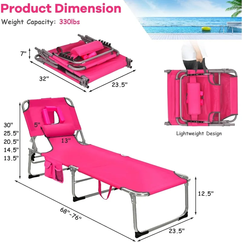 

Tanning Chair, Folding Beach Lounger with Face Arm Hole, Adjustable Backrest, Side Pocket, Pillow & Carry Handle (1, Pink)