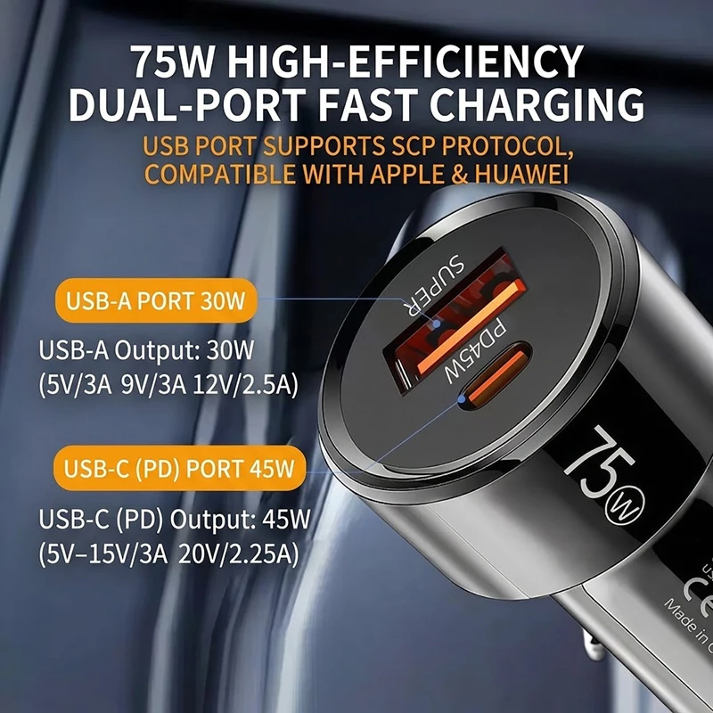 75W Dual Port Car Charger PD 45W USB C and 30W USB A Fast Charging Cigarette Lighter Adapter Smart Chip Auto Charger For iPhone view 2