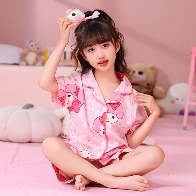 Sanrio 2024 New Girls Pajamas Pajamas Lapel Short Sleeve Suit Home Clothes Cartoon My Melody Kuromi Girls Clothing Gift