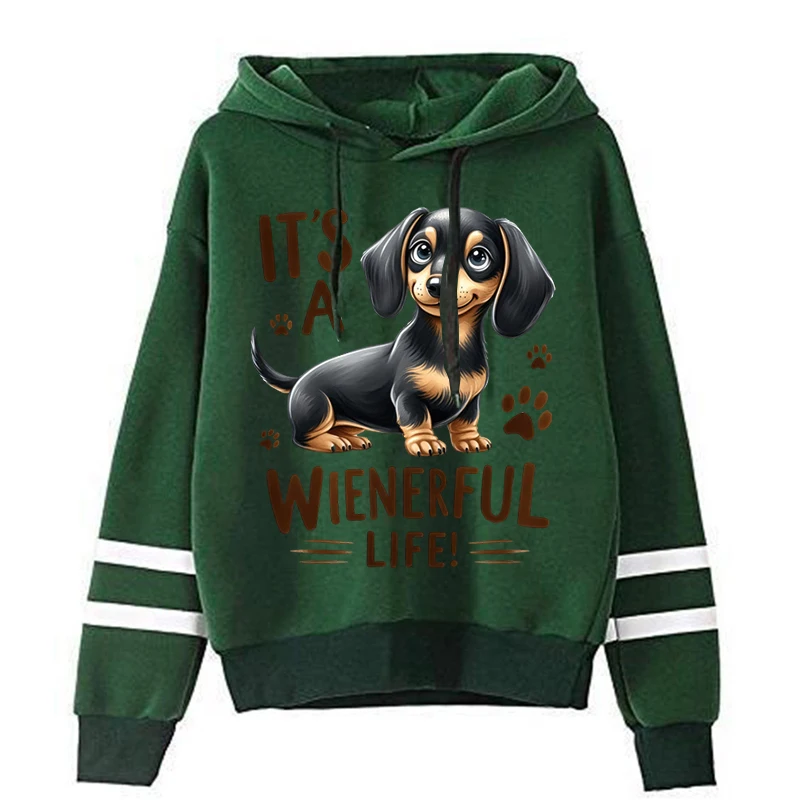 Womens Clothing Grey Vintage Street Sweatshirt Hoodie Dachshund Dog Print Long Sleeves Casual Warm Oversize Ladies Tops Autumn