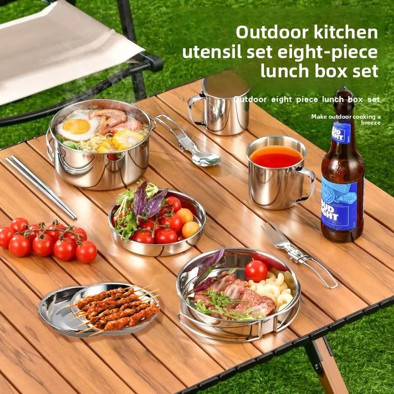 

Stainless steel camping picnic outdoor cooking utensil set - pot for portable hiking - set of folding tableware for storage