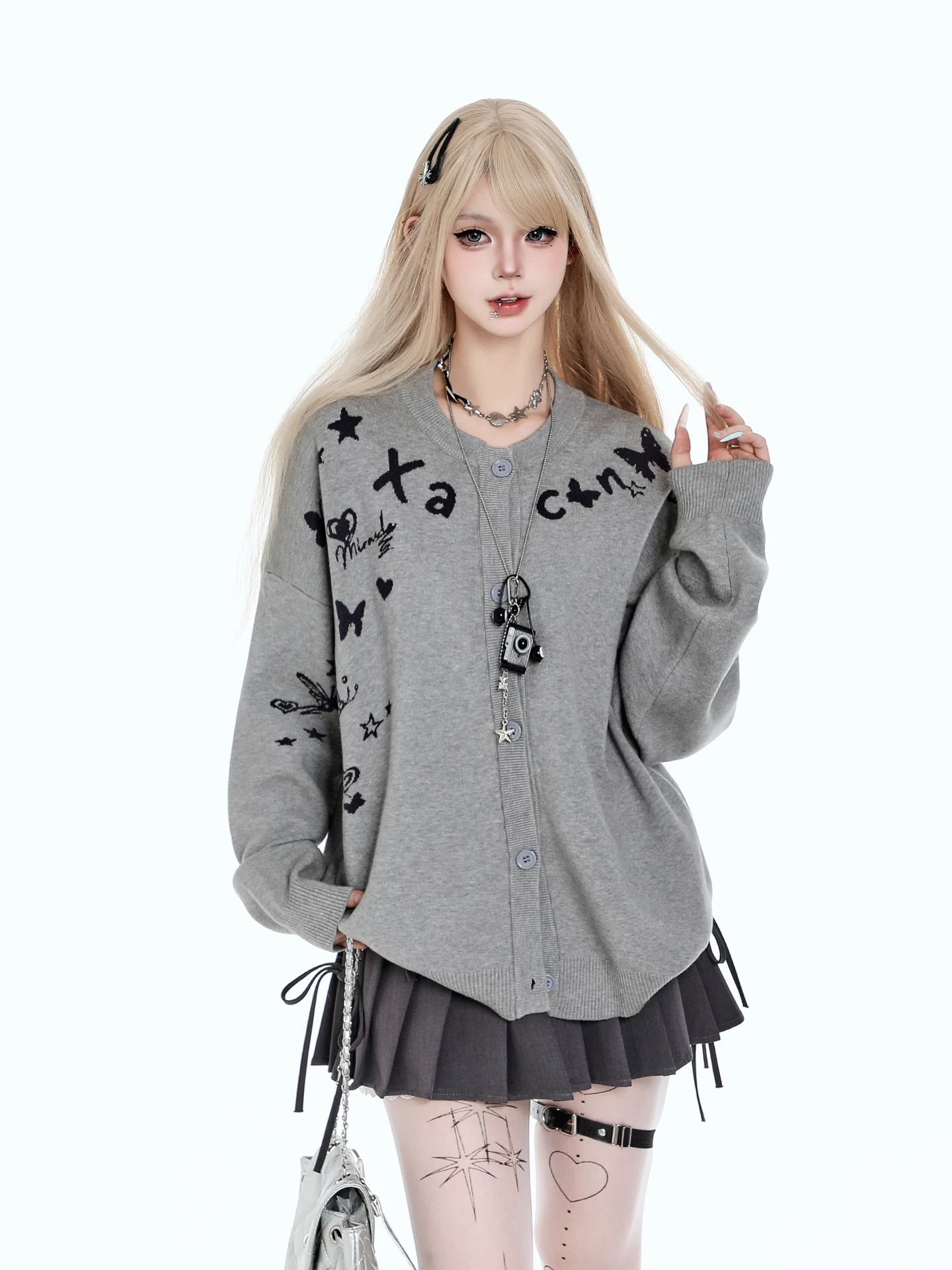 Korean Style Graffiti Letter Knitted Open Cardigan Women's Autumn Lazy Loose Versatile Sweater Jacket Sweet Style Princess