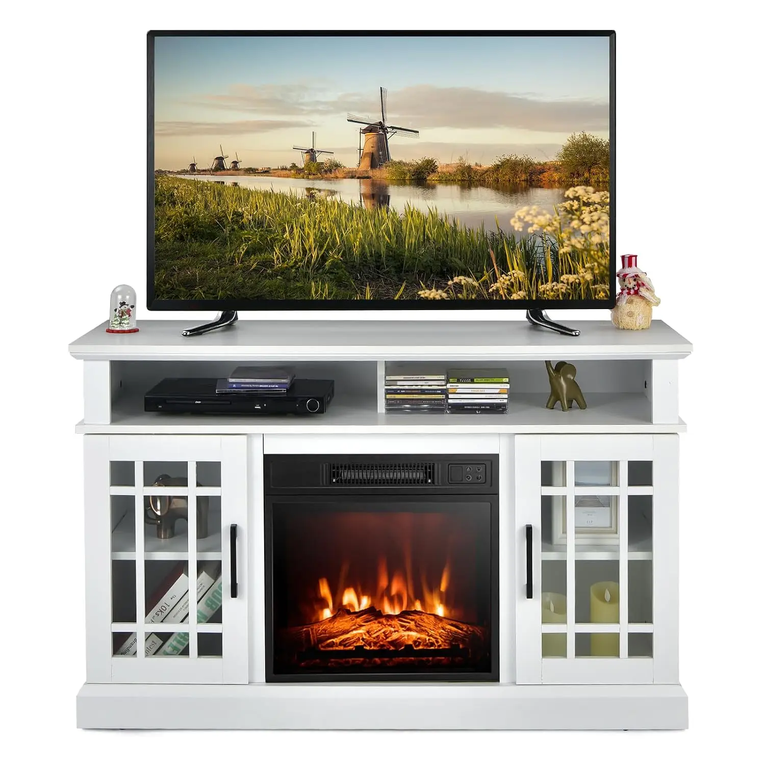 Electric Fireplace TV Stand 55 Inch TV 18 Inch Insert Remote Overheat 48 Inch Wooden Media Center Adjustable Shelves, Customized